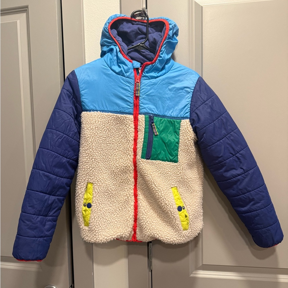 Boden Kids Colorblock Puffer Jacket in Blue, Navy, Cream, Green, Yellow, Red